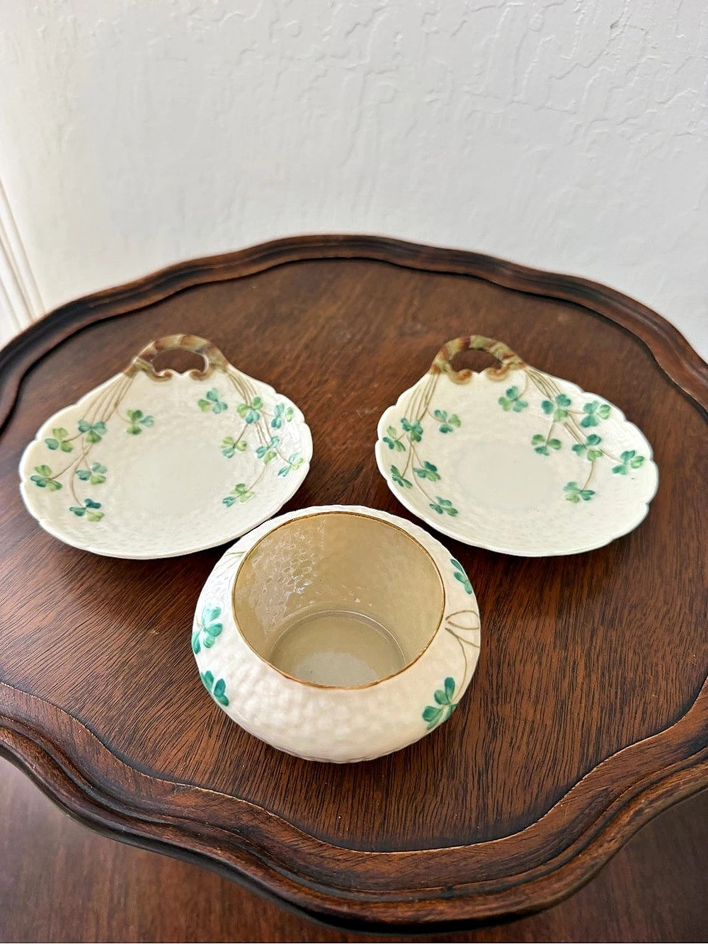 Belleek Shamrock Basketweave Sugar Bowl and Shell Plates